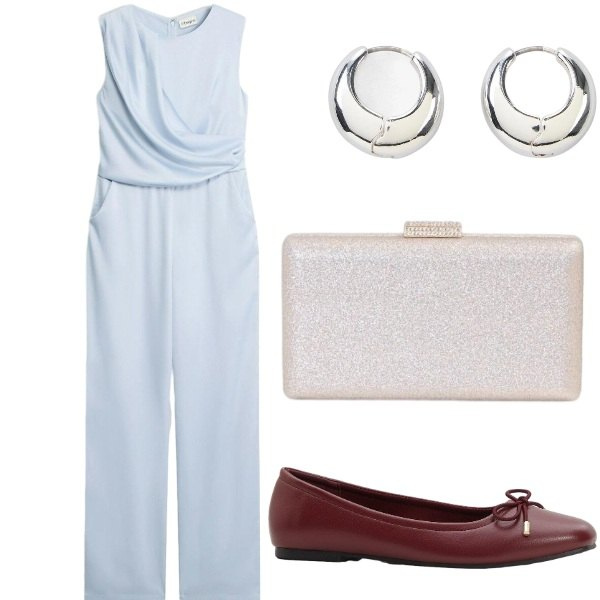 Outfit donna - Azzurro cielo e borgogna. Stile Casual chic per Serata fuori. Abbinamento con tute, ballerine, orecchini, clutch.
