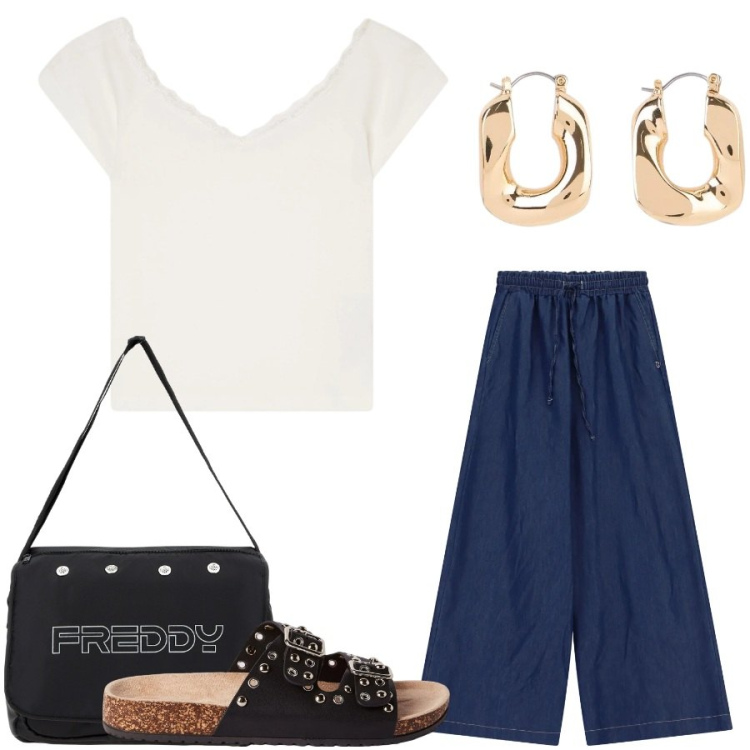 Outfit donna - Total look #2454452. Stile Casual chic per Tutti i giorni. Abbinamento con orecchini, ciabatte, canottiere, pantaloni a palazzo, borse messenger.