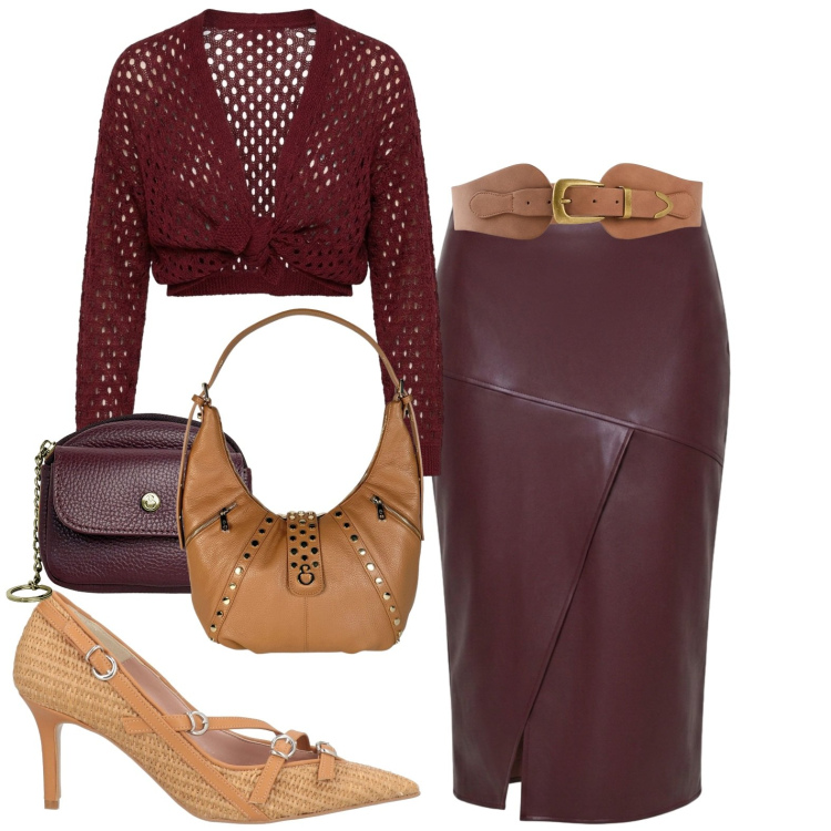 Outfit donna - Serata estiva. Stile Chic per Serata fuori. Abbinamento con décolleté, cinture, gonne longuette, portachiavi, borse a spalla, cardigans.