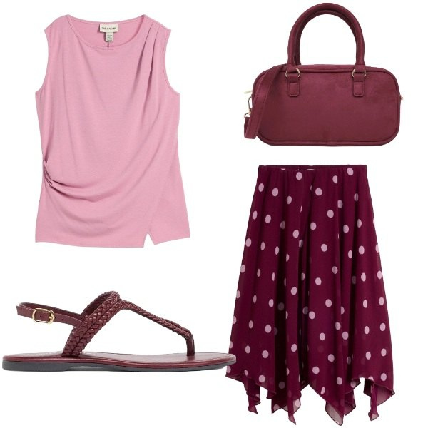 Outfit donna - Gonna a pois. Stile Casual per Serata fuori. Abbinamento con top, gonne longuette, ciabatte, borse a tracolla.