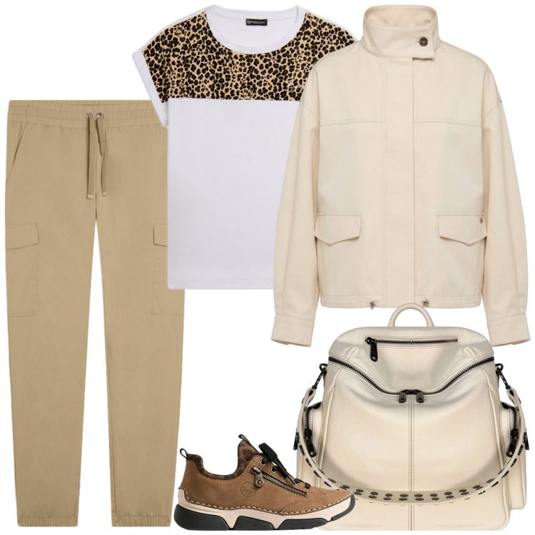 Outfit donna - Tra i monti. Stile Sporty chic per Tutti i giorni. Abbinamento con sneakers, bomber, t-shirt, pantaloni cargo, zaini.