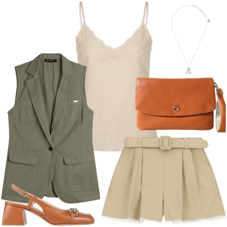 Outfit donna - Total look #2454456. Stile Casual chic per Tutti i giorni. Abbinamento con décolleté, shorts, top, gilet, ciondoli, pochette.