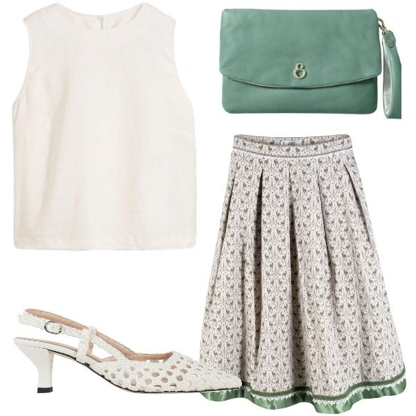 Outfit donna - Bianco e verde salvia. Stile Chic per Serata fuori. Abbinamento con décolleté, gonne longuette, canottiere, pochette.