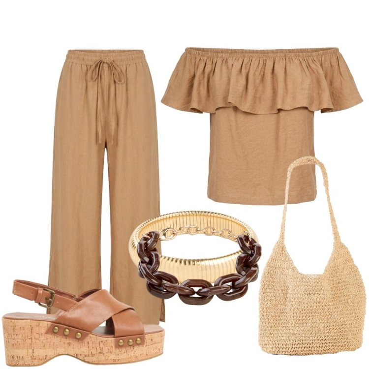Outfit donna - Total look #2454458. Stile Casual chic per Tutti i giorni. Abbinamento con shopping bag, zeppe, braccialetti, braccialetti, top, pantaloni.