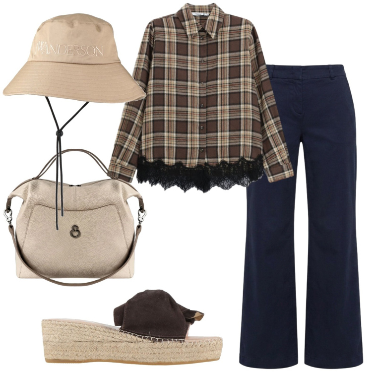 Outfit donna - Weekend all\'aperto. Stile Casual per Tutti i giorni. Abbinamento con cappelli, espadrillas, camicie, pantaloni, borse a mano.