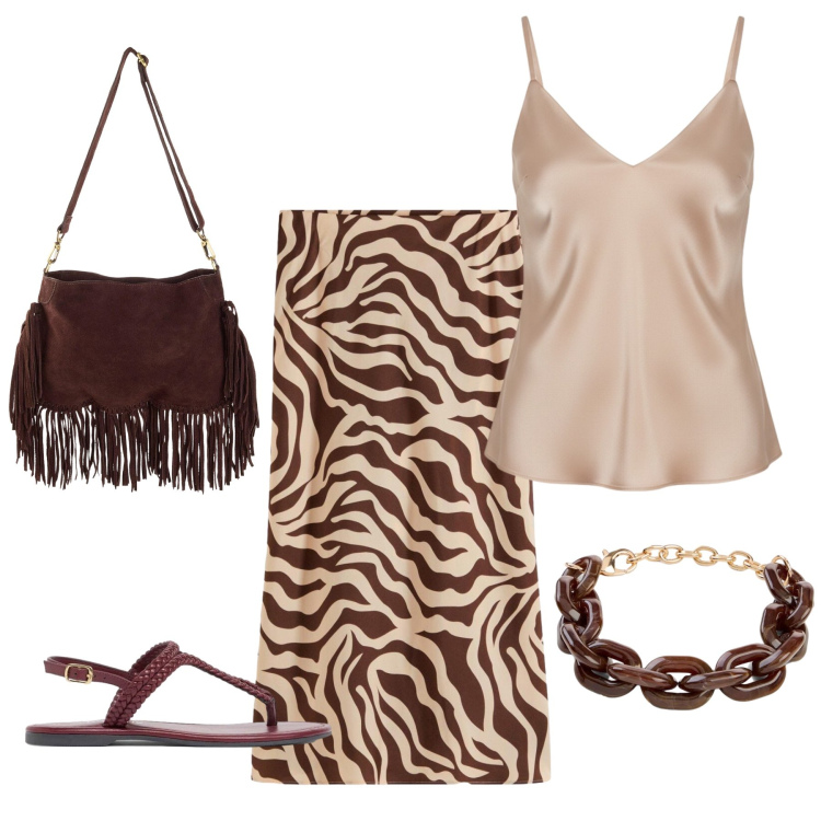 Outfit donna - Animalier in raso. Stile Casual chic per Serata fuori. Abbinamento con gonne longuette, ciabatte, borse a tracolla, braccialetti, top.