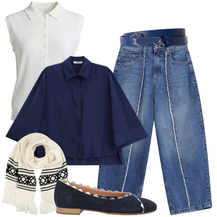 Outfit donna - Passeggio la domenica. Stile Casual chic per Tutti i giorni. Abbinamento con ballerine, sciarpe, jeans dritti, camicie, polo, cinture.