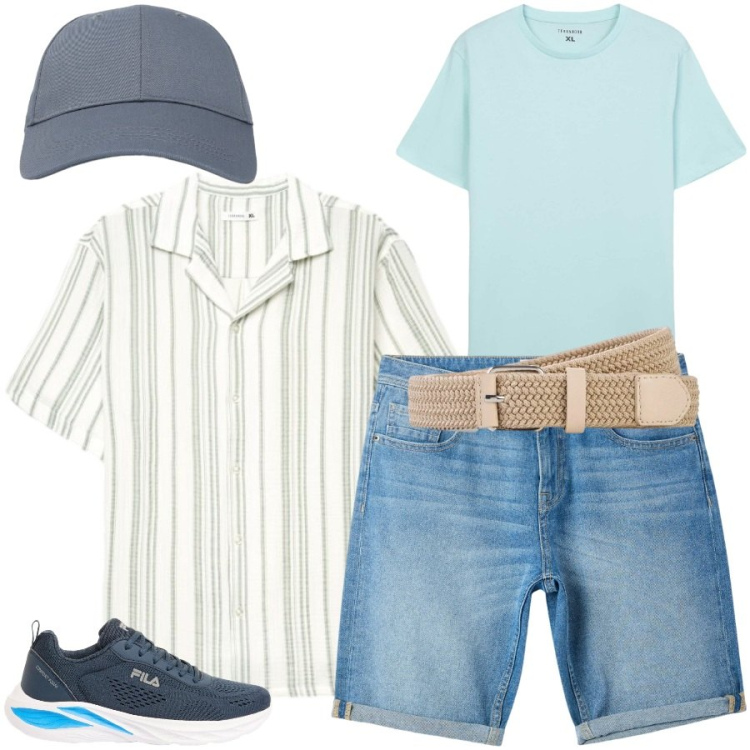 Outfit uomo - Total look #2454463. Stile Casual per Tutti i giorni. Abbinamento con sneakers, cinture, bermuda, t-shirt, cappelli con visiera, camicie a manica corta.