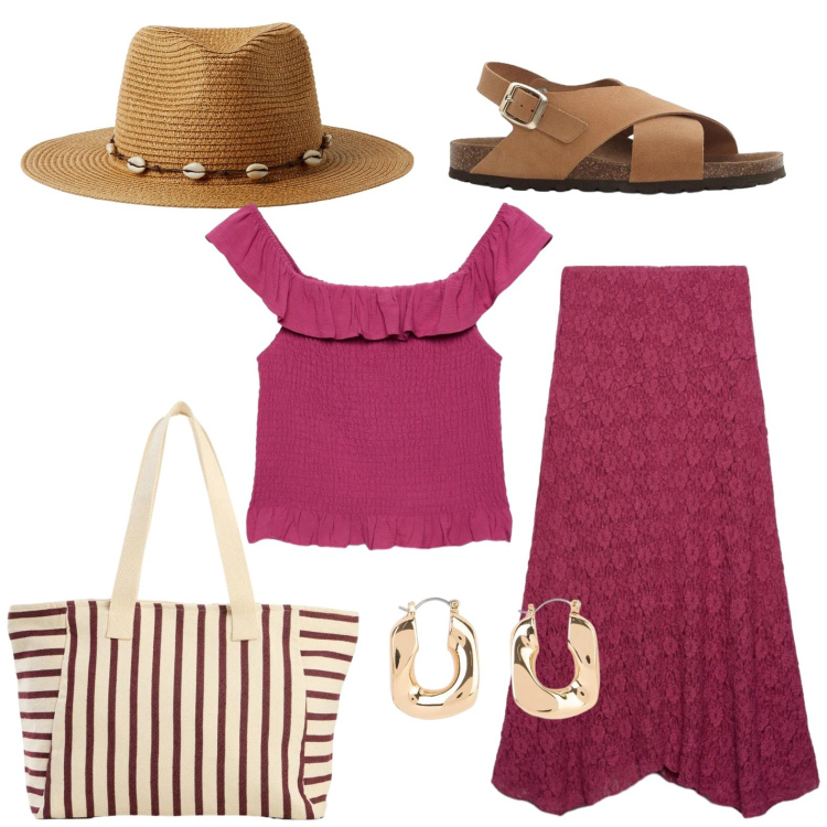 Outfit donna - Pizzo ciclamino. Stile Boho per Tutti i giorni. Abbinamento con sandali in pelle, orecchini, shopping bag, cappelli, top, gonne lunghe.