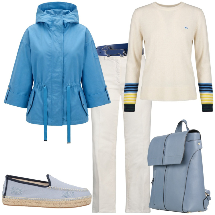 Outfit donna - Fine settimana in montagna. Stile Casual per Tutti i giorni. Abbinamento con jeans dritti, zaini, espadrillas, caban, cinture, maglieria.