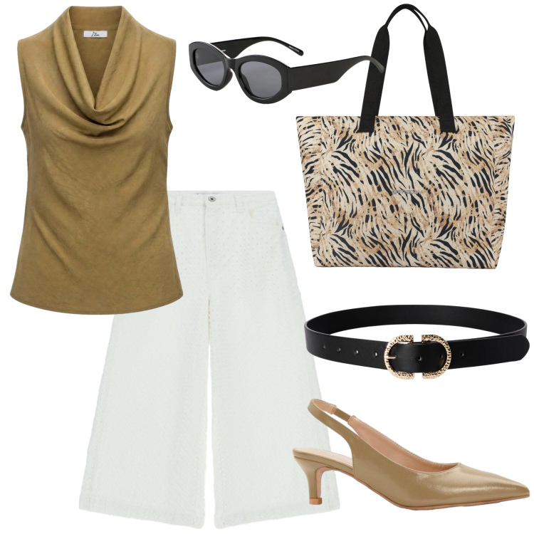 Outfit donna - Senape grintosa. Stile Casual chic per Tutti i giorni. Abbinamento con décolleté, occhiali da sole, cinture, canottiere, pantaloni a palazzo, shopping bag.