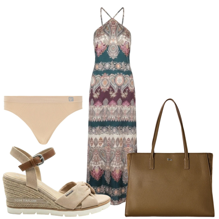 Outfit donna - Total look. Stile Glamour per Tutti i giorni. Abbinamento con sandali col tacco, shopping bag, perizomi, vestiti lunghi.