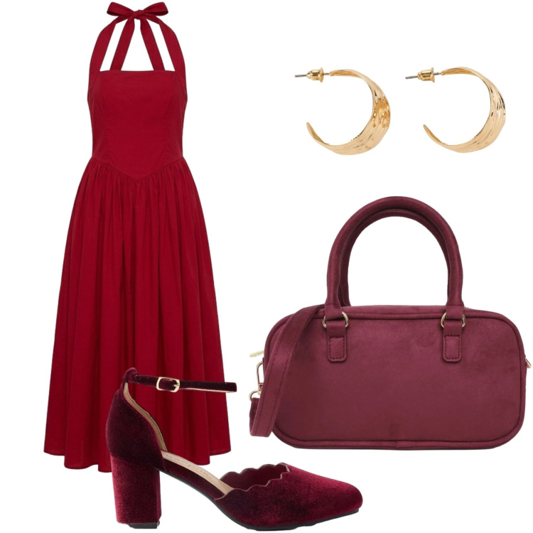Outfit donna - Semplicemente in rosso. Stile Glamour per Serata fuori. Abbinamento con orecchini, décolleté, vestiti lunghi, borse a tracolla.