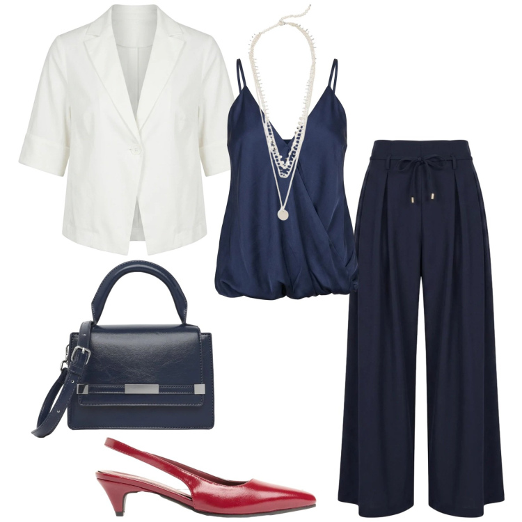 Outfit donna - Total look #2454471. Stile Chic per Ufficio. Abbinamento con décolleté, collane, borse a spalla, pantaloni a palazzo, blazer, top.