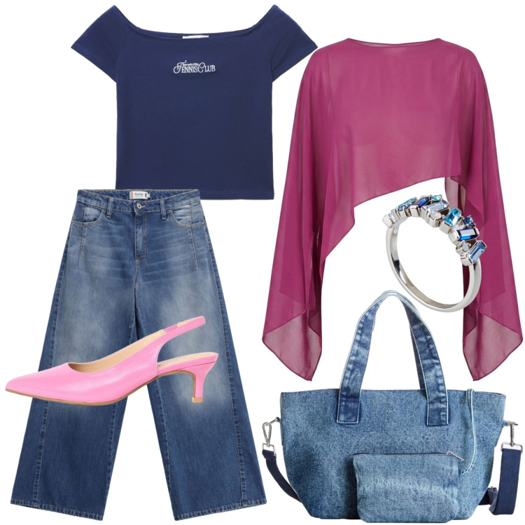 Outfit donna - La shopper di jeans. Stile Glamour per Serata fuori. Abbinamento con décolleté, borse a mano, anelli, t-shirt, jeans, top.