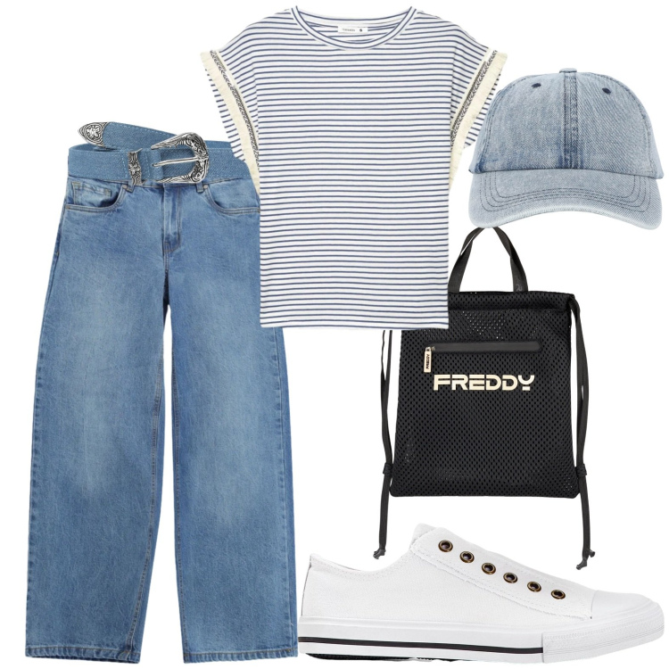 Outfit donna - Tempo libero sportiva. Stile Casual per Tutti i giorni. Abbinamento con sneakers, t-shirt, cinture, cappelli con visiera, jeans, zaini.