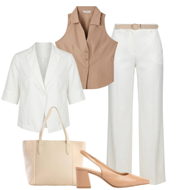 Outfit donna - Agosto per chi lavora. Stile Glamour per Ufficio. Abbinamento con décolleté, shopping bag, top, cinture, pantaloni a palazzo, blazer.