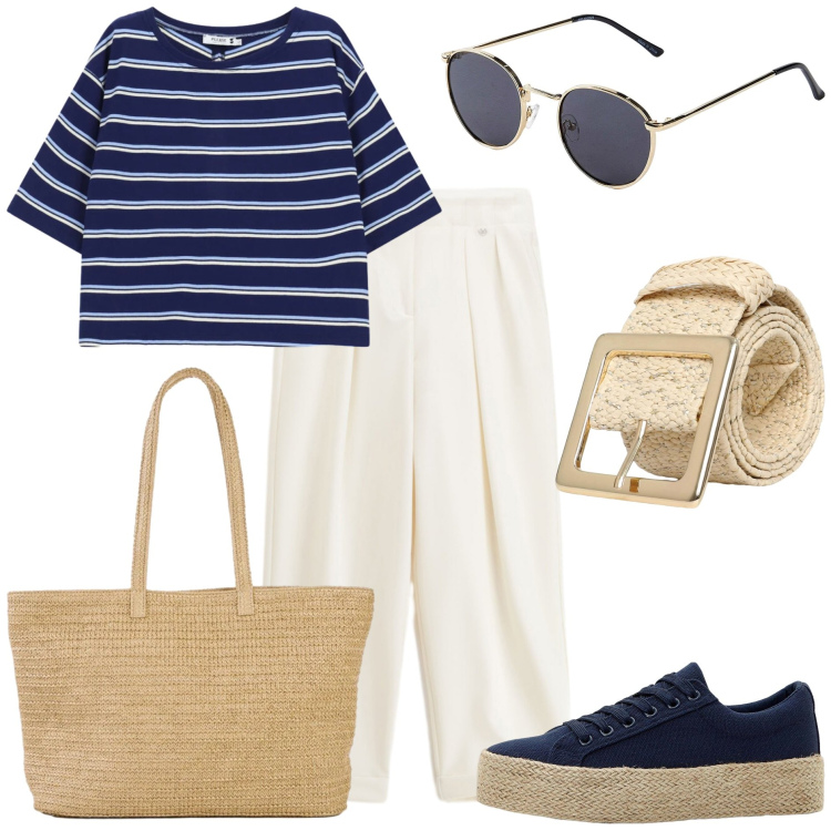 Outfit donna - A righe - @pamela. Stile Basic per Tutti i giorni. Abbinamento con shopping bag, occhiali da sole, sneakers, cinture, top, pantaloni.