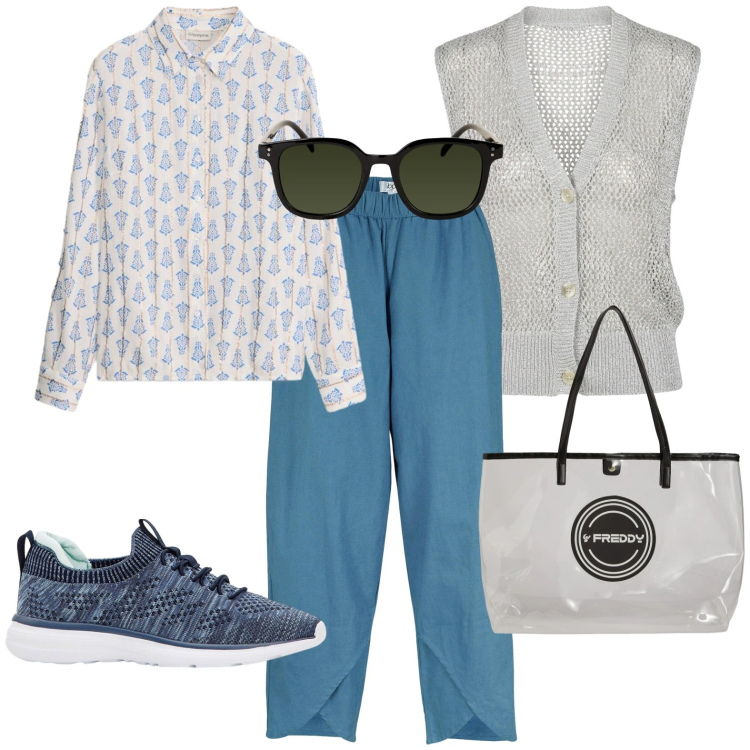 Outfit donna - Sportiva. Stile Casual per Tutti i giorni. Abbinamento con sneakers, pantaloni, camicie, maglieria, shopping bag, occhiali da sole.