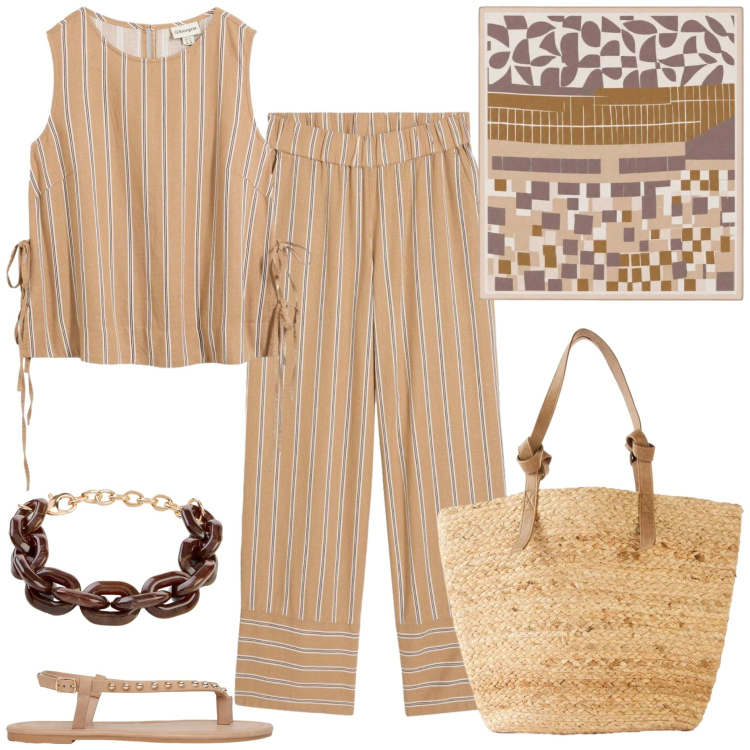 Outfit donna - A righe - @pamela. Stile Casual chic per Tutti i giorni. Abbinamento con pantaloni, shopping bag, canottiere, braccialetti, ciabatte, foulard.