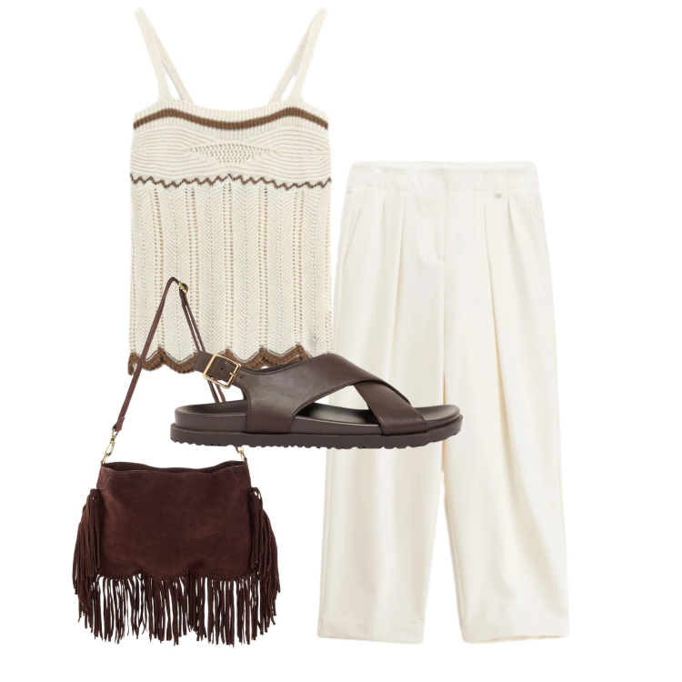 Outfit donna - Crochet. Stile Bon Ton per Tutti i giorni. Abbinamento con sandali in pelle, borse a tracolla, pantaloni, top.