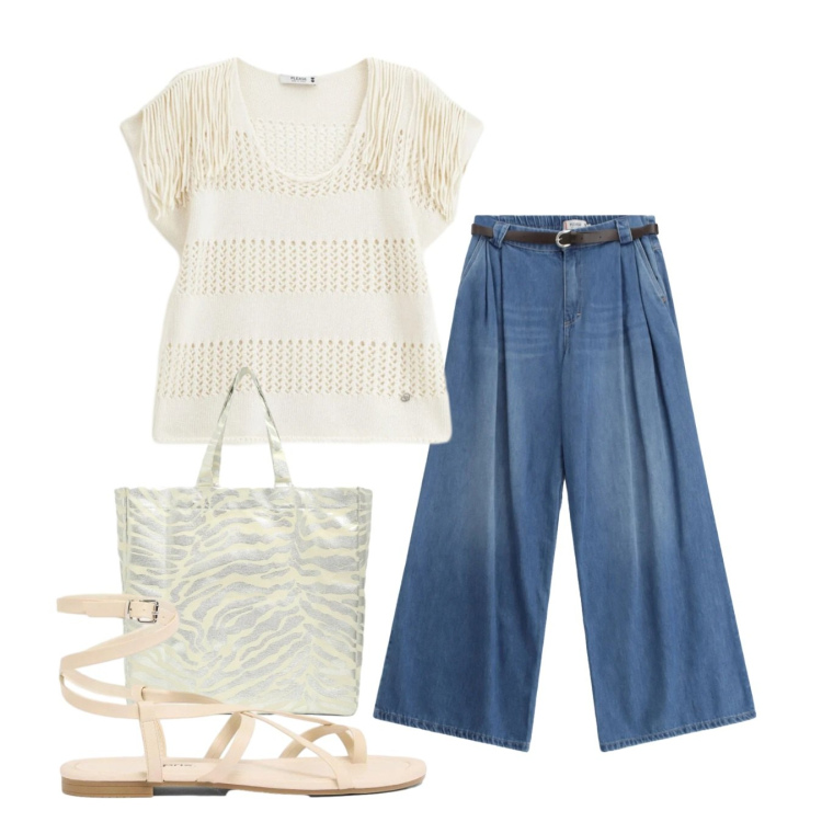 Outfit donna - Panna. Stile Bon Ton per Tutti i giorni. Abbinamento con sandali, shopping bag, top, jeans.