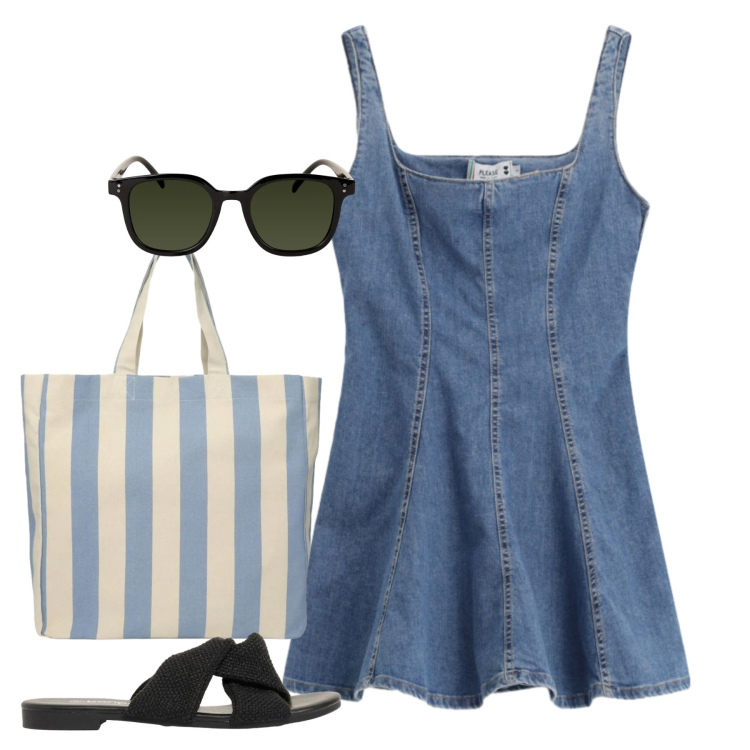 Outfit donna - Denim avvitato. Stile Bon Ton per Tutti i giorni. Abbinamento con sandali, shopping bag, vestiti corti, occhiali da sole.