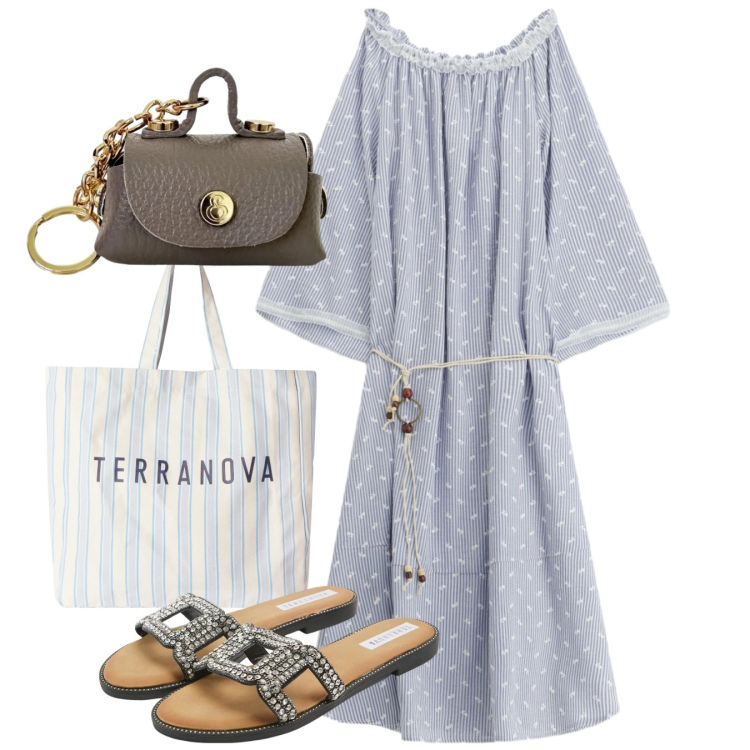 Outfit donna - Pois polvere. Stile Bon Ton per Tutti i giorni. Abbinamento con ciabatte, shopping bag, vestiti asimmetrici, portachiavi.