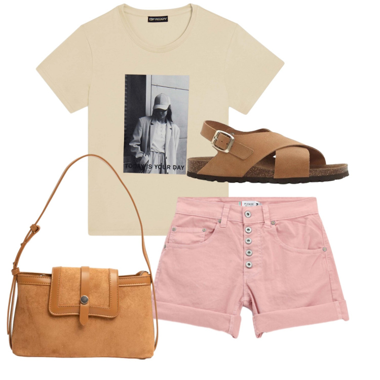 Outfit donna - Shorts. Stile Casual per Tutti i giorni. Abbinamento con sandali in pelle, shorts, t-shirt, borse a tracolla.