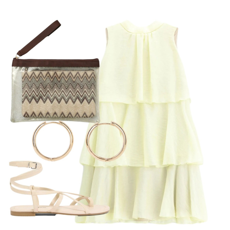 Outfit donna - Pastello. Stile Chic per Tutti i giorni. Abbinamento con sandali, orecchini, pochette, vestiti corti.