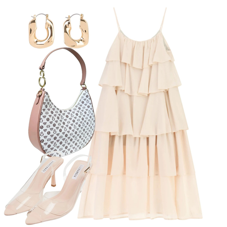 Outfit donna - Mango e latte. Stile Chic per Serata fuori. Abbinamento con orecchini, sandali col tacco, vestiti lunghi, borse a spalla.
