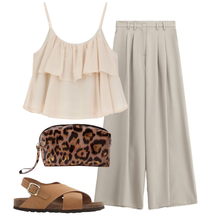 Outfit donna - Cipria. Stile Bon Ton per Tutti i giorni. Abbinamento con sandali in pelle, pochette, pantaloni a palazzo, top.