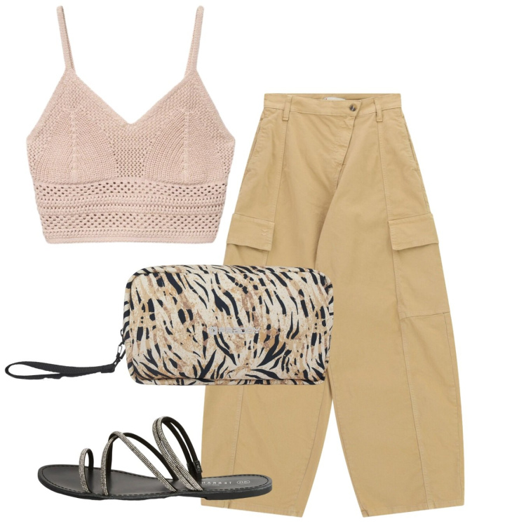 Outfit donna - Cargo delicati. Stile Casual chic per Tutti i giorni. Abbinamento con top, sandali, pantaloni cargo, valigie.