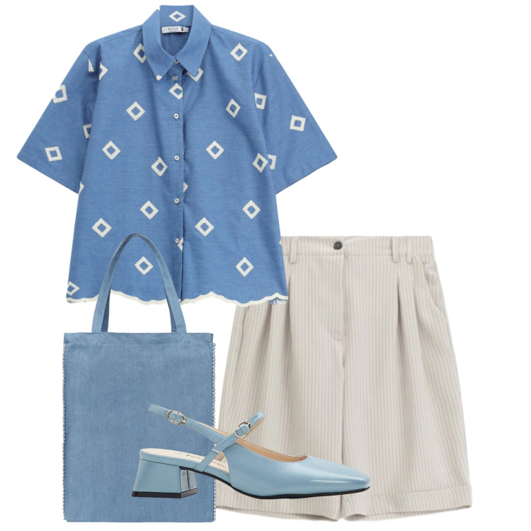 Outfit donna - Tocco il cielo. Stile Bon Ton per Tutti i giorni. Abbinamento con décolleté, borse tote, bermuda, camicie a manica corta.