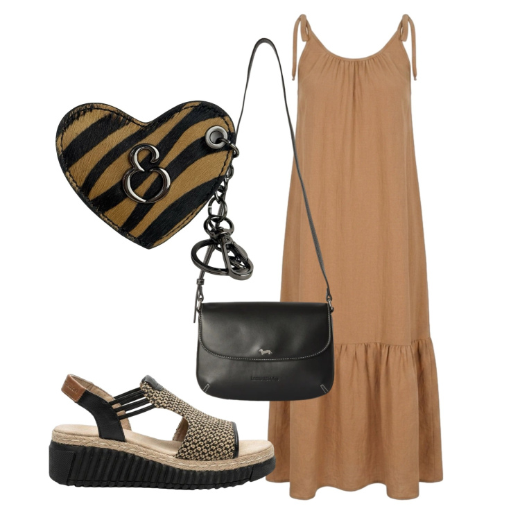 Outfit donna - Biscotto. Stile Bon Ton per Tutti i giorni. Abbinamento con sandali, borse a tracolla, portachiavi, vestiti.