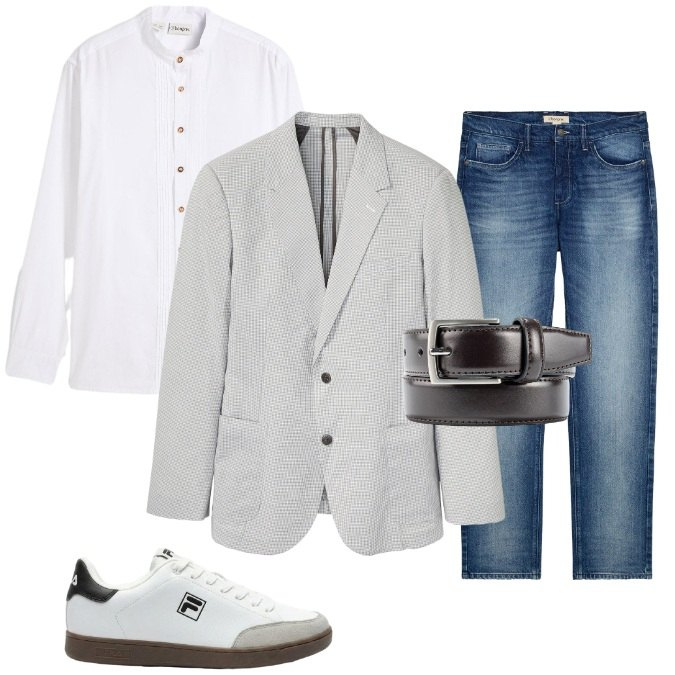 Outfit uomo - Smart casual-appuntamento/aperitivi. Stile Casual per Tutti i giorni. Abbinamento con giacche, camicie, jeans dritti, sneakers, cinture.