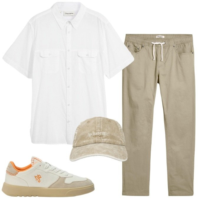 Outfit uomo - Smart Casual-tempo libero. Stile Casual per Tutti i giorni. Abbinamento con camicie a manica corta, pantaloni, sneakers, cappelli con visiera.
