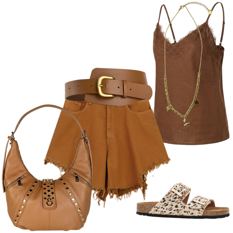 Outfit donna - Selvaggia. Stile Boho per Mare. Abbinamento con ciabatte, cinture, shorts, top, ciondoli, borse a spalla.