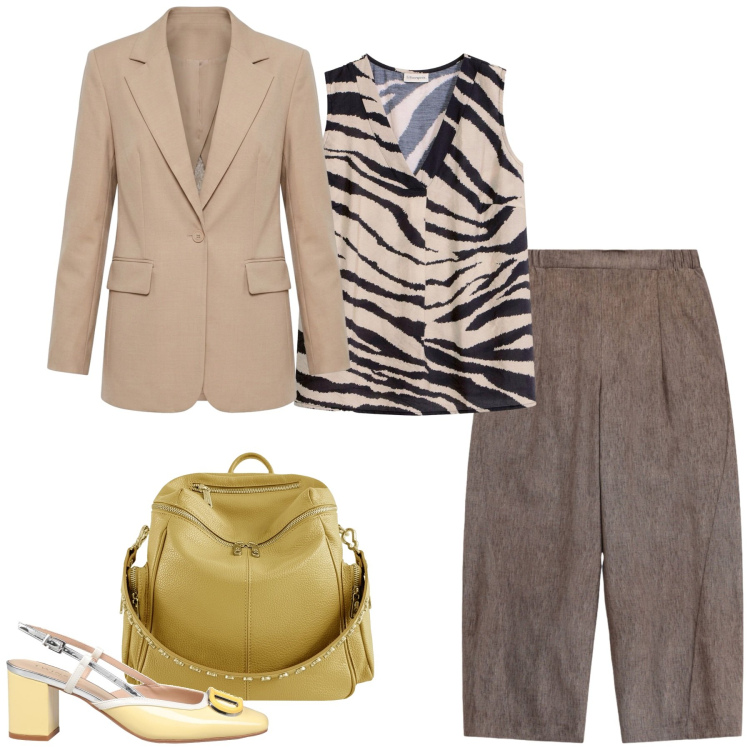 Outfit donna - Eleganza. Stile Bon Ton per Tutti i giorni. Abbinamento con décolleté, top, blazer, pantaloni a palazzo, zaini.
