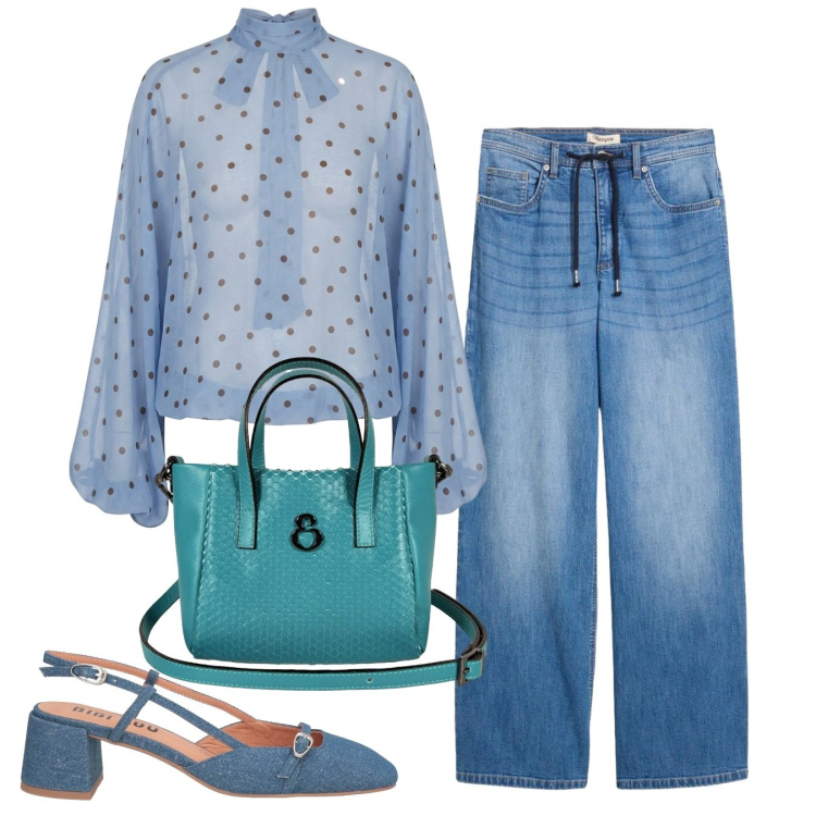 Outfit donna - Bluette. Stile Casual chic per Tutti i giorni. Abbinamento con décolleté, jeans dritti, borse a mano, bluse.