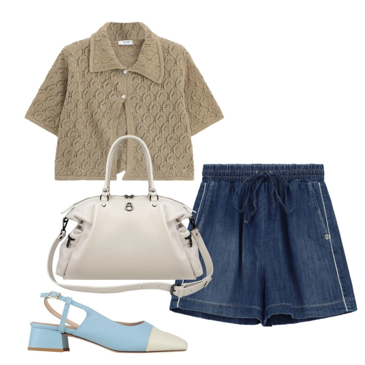 Outfit donna - Slingback. Stile Bon Ton per Tutti i giorni. Abbinamento con décolleté, maglieria, shorts, shopping bag.