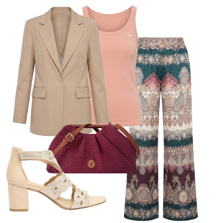 Outfit donna - In giacca. Stile Bon Ton per Tutti i giorni. Abbinamento con sandali col tacco, canottiere, blazer, clutch, pantaloni a palazzo.
