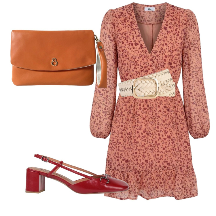 Outfit donna - Bon ton a tinte calde. Stile Chic per Tutti i giorni. Abbinamento con décolleté, cinture, vestiti corti, pochette.