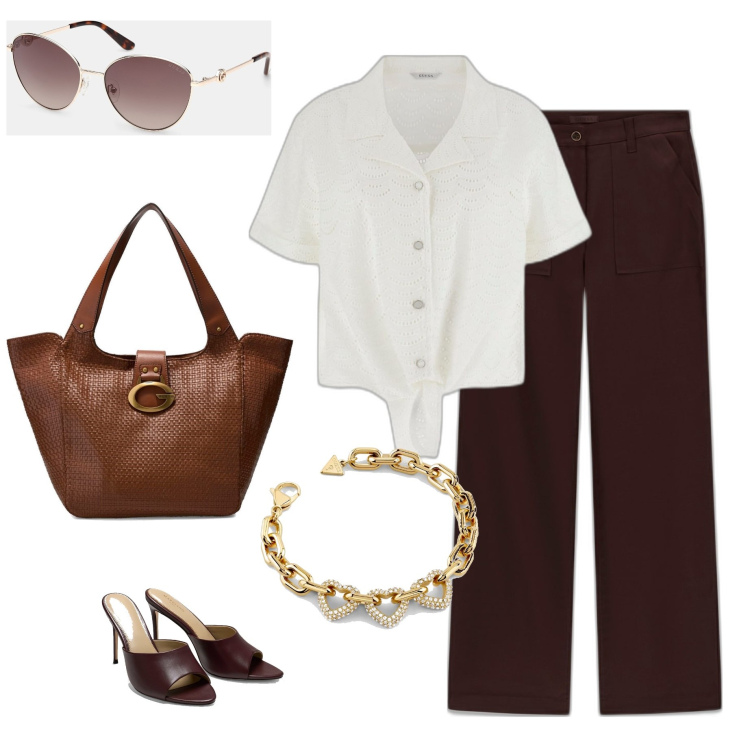 Outfit mujer - Casual #7412. Estilo Casual para Oficina. Combinación con pantalones, camisas de manga corta, pulseras, sandalias de tacón, gafas de sol, bolso tote.