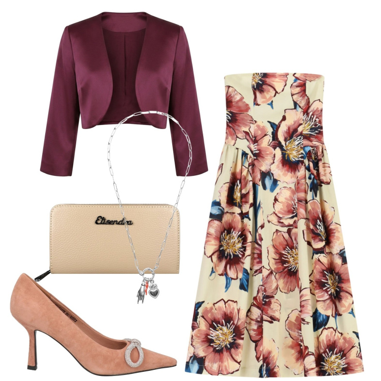 Outfit donna - Aperitivo. Stile Casual chic per Serata fuori. Abbinamento con décolleté, vestiti midi/longuette, bolero, ciondoli, portafogli.