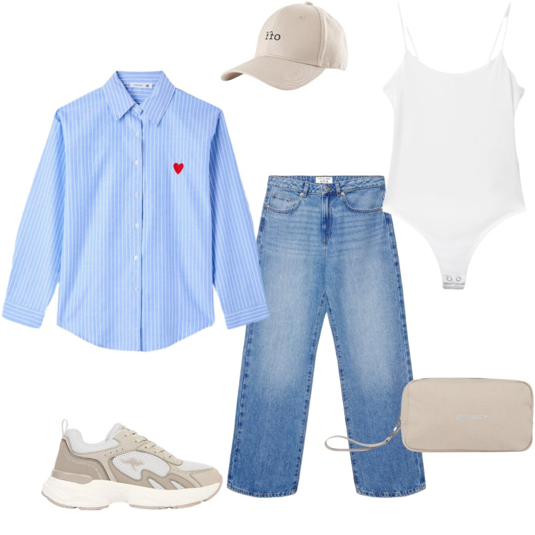 Outfit donna - Casual Chic Estivo – Camicia Azzurra, Je. Stile Casual per Tutti i giorni. Abbinamento con cappelli con visiera, sneakers, camicie, jeans dritti, top, valigie.