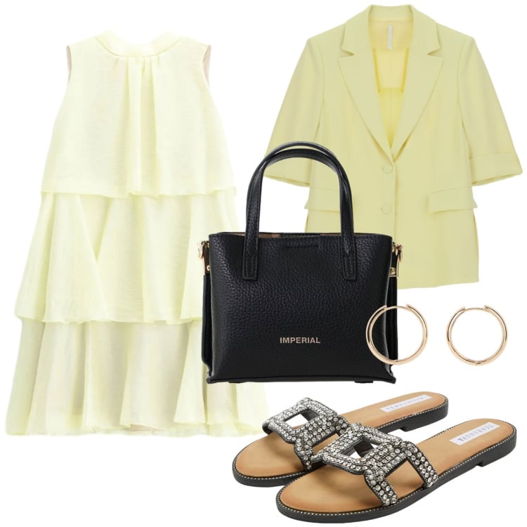 Outfit donna - Balze e sandali. Stile Minimal per Tutti i giorni. Abbinamento con orecchini, borse a tracolla, blazer, ciabatte, vestiti corti.