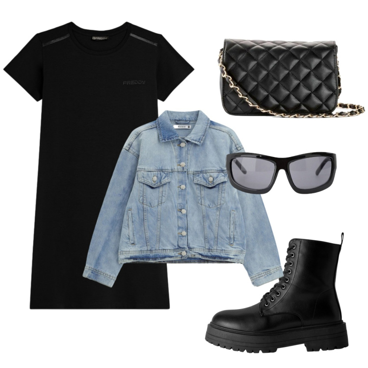 Outfit donna - Minimal night. Stile Rock per Serata fuori. Abbinamento con borse a tracolla, anfibi, blazer, occhiali da sole, vestiti midi/longuette.