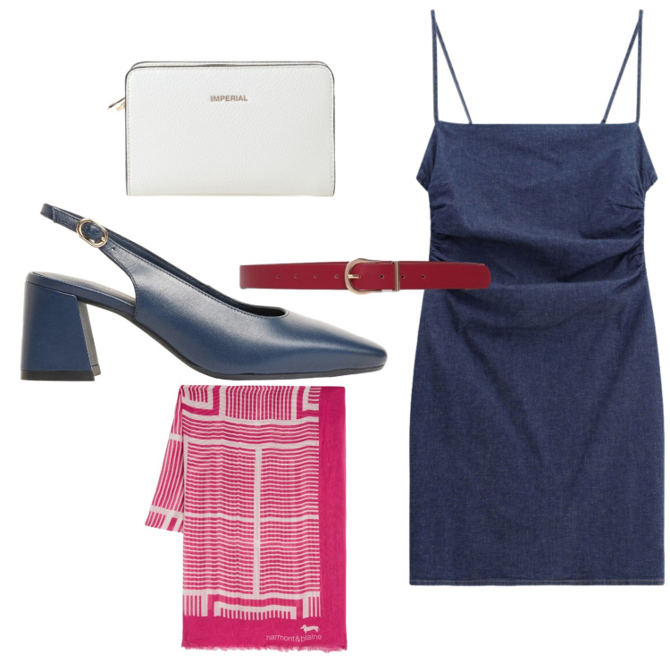 Outfit donna - Accessori vivaci. Stile Bon Ton per Ufficio. Abbinamento con décolleté, sciarpe, borse a tracolla, cinture, vestiti corti.