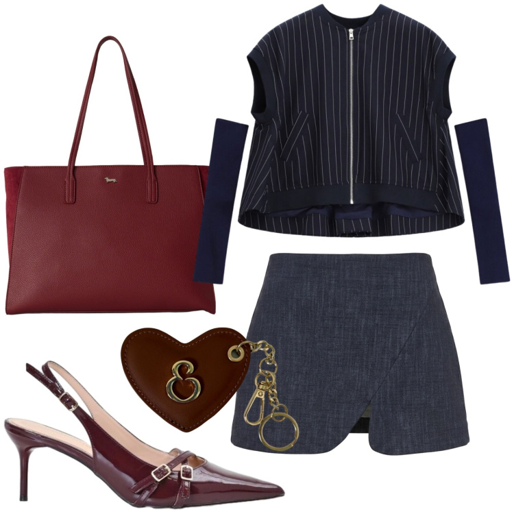 Outfit donna - Wine and blue. Stile Casual chic per Tutti i giorni. Abbinamento con shopping bag, top, minigonne, décolleté, portachiavi.
